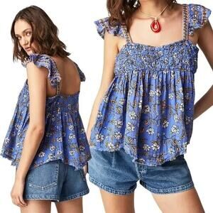 Free People Gauzy Purple Floral Nala Babydoll Top Size L